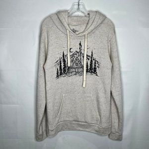 Little Mountain Print Shop Woman’s Hoodie sz Med. Soft Beige Cabin Graphic Sweat